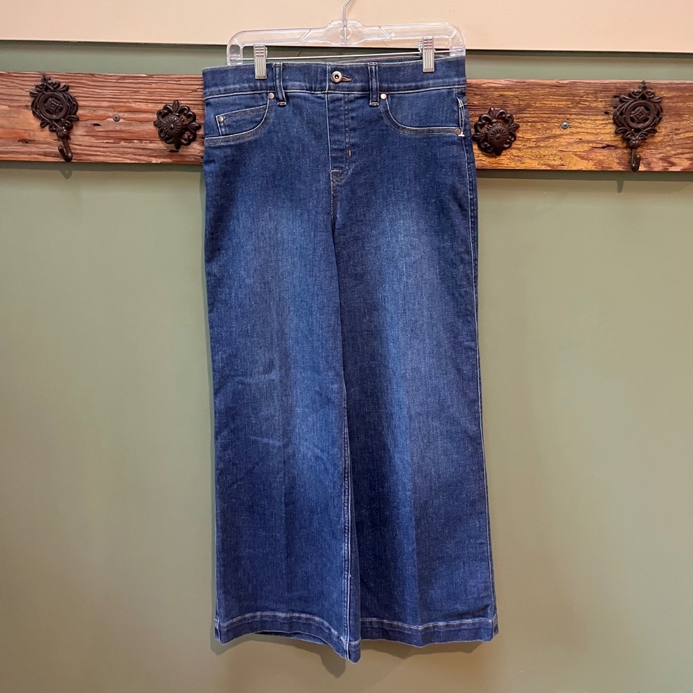 Spanx Womens Medium Wash Wide Leg Pull On Jeans Tummy Control Size M
